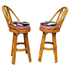 Restored 3-Strand Arch Base Rattan Bar Stools w/ woven Backrest, Pair