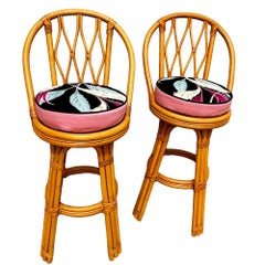 Restored 3-Strand Arch Base Rattan Bar Stools w/ woven Backrest, Pair