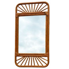Restored Single-Strand Fanning Rounded Rattan Wall Mirror W/ Stick Reed Rattan