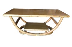 Restored Mid-Century Two-Tier Rattan Coffee Table w/ Philippine Mahogany Top
