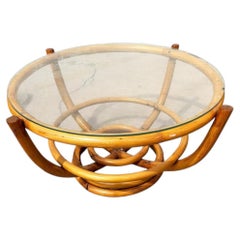 Restored Four-Pole Rattan Coffee Table W/ Floating Glass Top