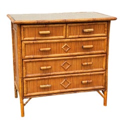 Aesthetic Movement Tortoise Bamboo & Grassmat 5 Drawer Tallboy Dresser