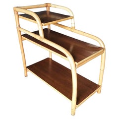 Restored Mid-century Rattan Side Lamp Table With Three-Tier Mahogany Tops