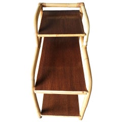 Restored Mid-century Rattan Side Lamp Table With Three-Tier Mahogany Tops