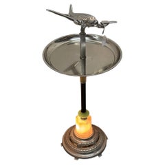 Chrome Streamline Art Deco Airplane Drink Side Glass Top Table w/ Light Up Base