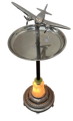 Chrome Streamline Art Deco Airplane Drink Side Glass Top Table w/ Light Up Base