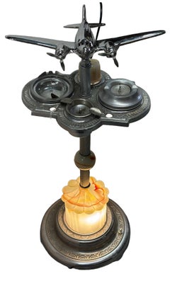 Art Deco Light Up Airplane Chrome Ashtray Stand w/ Electric Lighter & Art Glass