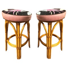 Restored MCM Single Stand Arched Rattan Bar Stool w/ Bark Cloth Seat, Pair
