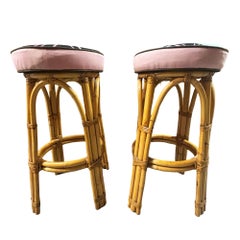 Restored MCM Single Stand Arched Rattan Bar Stool w/ Bark Cloth Seat, Pair