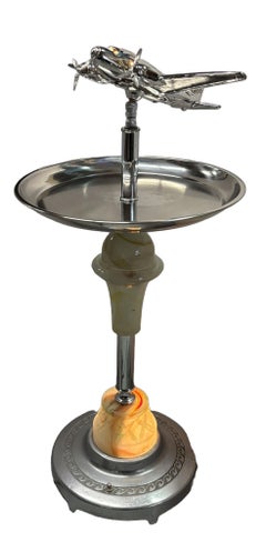 Streamline Art Deco Airplane Chrome Drink Glass Top Side Table w/ Light Up Base