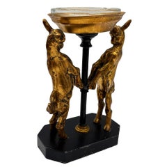 Art Deco Twin Goat Brass Pedestal Ashtray w Glass Insert, Ronson Art Metal Works