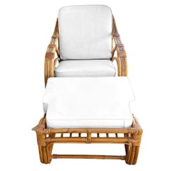 Restored Mid-Century 3-Stand 1949er Reed Rattan Chaise Lounge w/ Ottoman