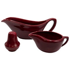 Mid-Century Burgundy "La Linda" Gravy Boat, Creamer, Salt Shaker Set by Bauer