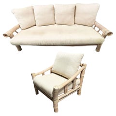 1980s Miami Coastal Elephant Bamboo Pole Sofa & Lounge Chair Living Room Set