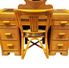 Restored Art Deco Stick Reed Rattan Vanity w/ Round Mirror & Stool