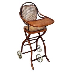 Rare Vienna Secession Bent Oak & Cane Doll High Chair w/ Wheels by Thonet