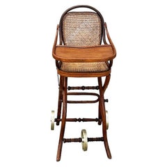 Rare Vienna Secession Bent Oak & Cane Doll High Chair w/ Wheels by Thonet