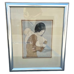 Signed Stephen White "Lady Holding a Baby" Rice Paper Woodblock Print, Framed