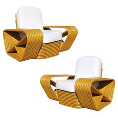 Restored 10 Strand Square Pretzel Rattan Lounge Chair Paul Frankl Style, Pair