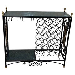 Mid-century Regency Iron & Brass Wine Bar Console Table w/ Marble Top
