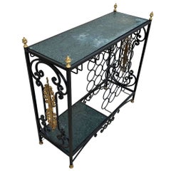 Mid-century Regency Iron & Brass Wine Bar Console Table w/ Marble Top