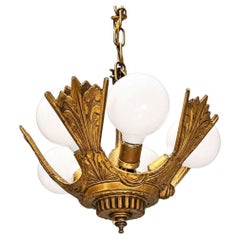 1920 Gemetric Art Deco Brass Five Light Circular Chandelier by Markel