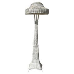 Shabby Chic White Wicker Tropical Splay Foot Base Floor Lamp w/ Shade