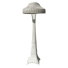 Shabby Chic White Wicker Tropical Splay Foot Base Floor Lamp w/ Shade