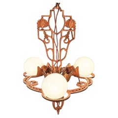 1925 Art Deco Brass Three Light "Winthrop" Circular Chandelier by Virden
