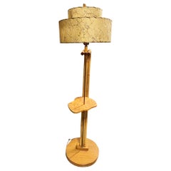 Restored MCM Rattan Pole Floor Lamp w Side Table Whipple Stitch Fiberglass Shade