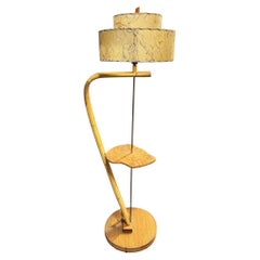 Restored MCM Rattan Pole Floor Lamp w Side Table Whipple Stitch Fiberglass Shade