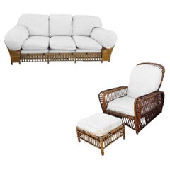 1980s Stick Reed Rattan Sofa & Chair Living room Set w/ Overstuffed Cushions