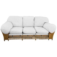 1980s Stick Reed Rattan Sofa & Chair Living room Set w/ Overstuffed Cushions