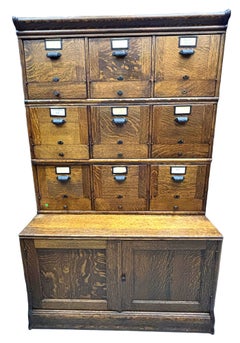 Antique Mahogany 9 Drawer File Cabinet Credenza w/ Art Deco Pulls & Metal Straps