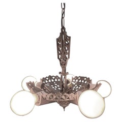 Lampadario circolare Art Déco a cinque luci in ottone di Markel con catena originale