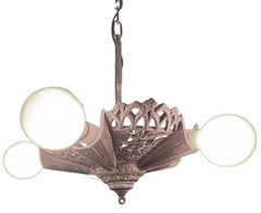 Lampadario circolare Art Déco a cinque luci in ottone di Markel con catena originale