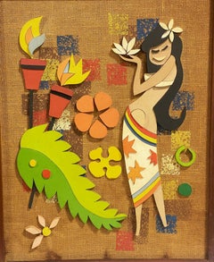 Rare 1960s MCM Tropical Hula Girl Hand Cut Wood 3D Wall Sculptural Framed Art