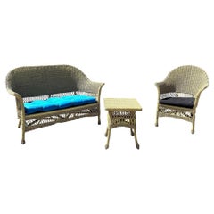 Restored Woven Wicker "Cobra" Settee Chair Table Patio/Sunroom Set