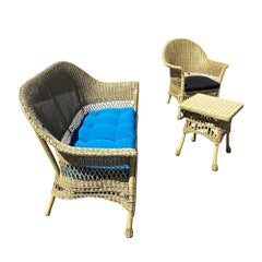 Restored Woven Wicker "Cobra" Settee Chair Table Patio/Sunroom Set