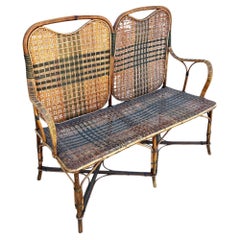 Restored Aesthetic Movement Tiger & Tortoise Bamboo Bench Settee w/ Woven Seat
