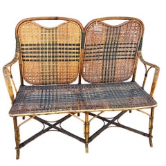 Restored Aesthetic Movement Tiger & Tortoise Bamboo Bench Settee w/ Woven Seat