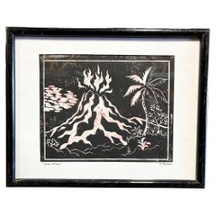 Mid-Century "Hawaii Volcano" Woodblock Print by M. Van Dorn in Black Frame