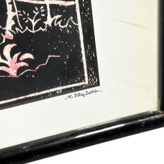 Mid-Century "Hawaii Volcano" Woodblock Print by M. Van Dorn in Black Frame