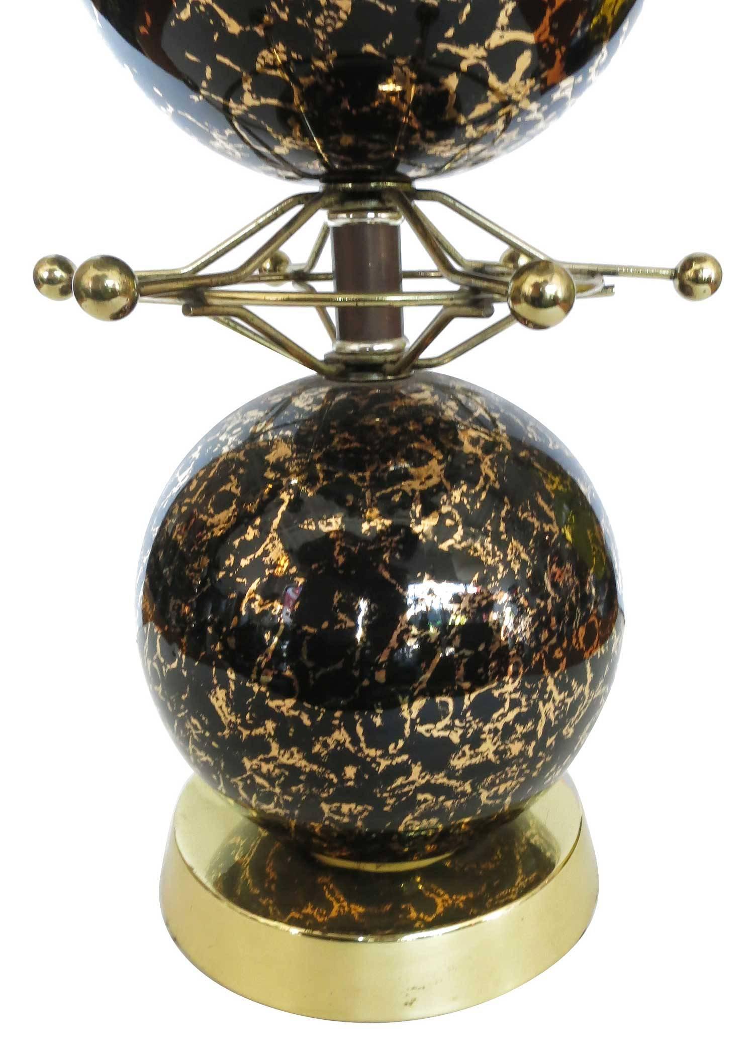 Italian Onyx and Gold Foil Art Glass Table Lamp Pair with Brass Starburst Detail, Italy