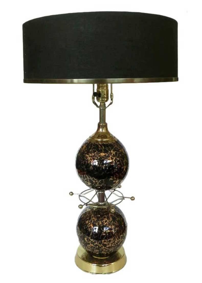 Mid-Century Modern Onyx and Gold Foil Art Glass Table Lamp Pair with Brass Starburst Detail, Italy