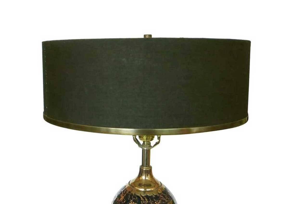 Onyx and Gold Foil Art Glass Table Lamp Pair with Brass Starburst Detail, Italy 1
