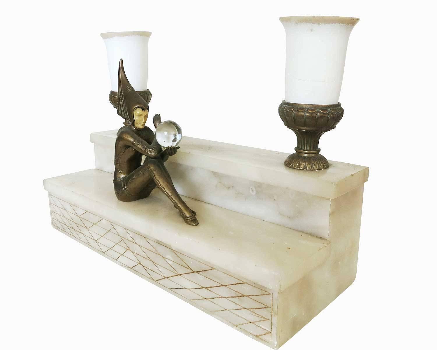 Alabaster Large Stepped Art Deco Harlequin Lamp by JB Hirsch