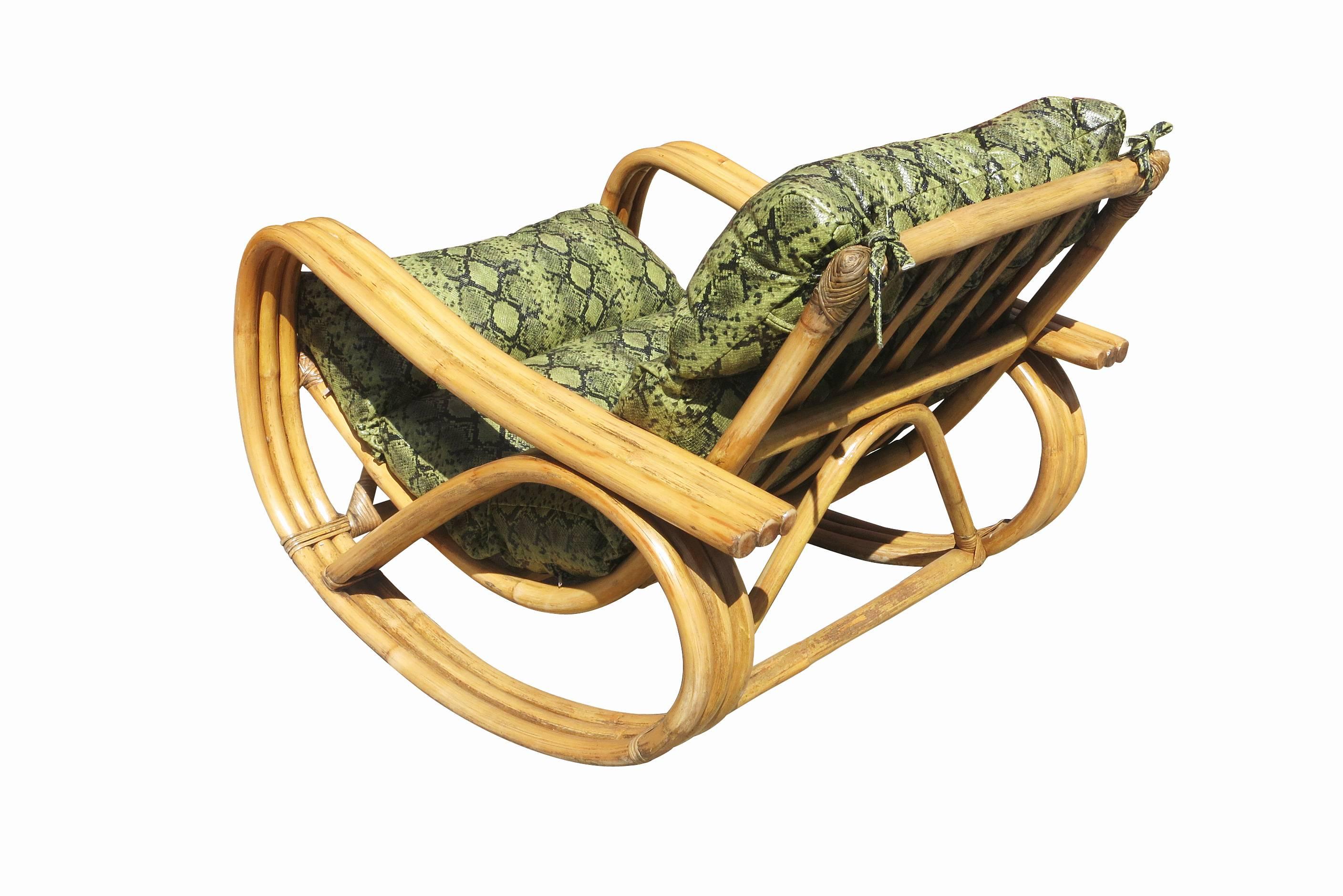 Art Deco Rare Restored Pretzel Arm Rattan Rocking Chair with Faux Snakeskin Cushions