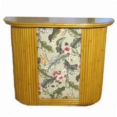 Retro Restored Rattan Bar with Formica Top and Bark Cloth Hibiscus Front