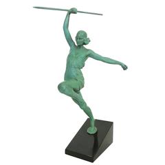 Art Deco Style Bronze Female Roman Warrior with Spear on Marble Base
